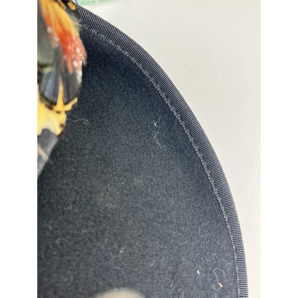 Vintage 40s 50s Tilt Hat Black Feather Brown Tan Felt USA Asymmetrical Wool Felt